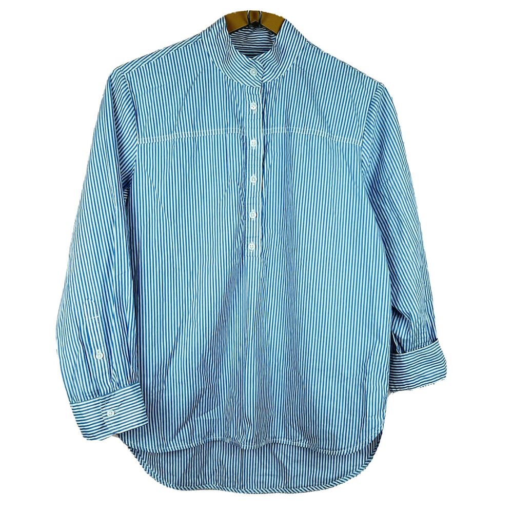 J Crew Women 100% Cotton Popover Shirt 3/4 Sleeve Half Buttons Striped Blue Sz 4